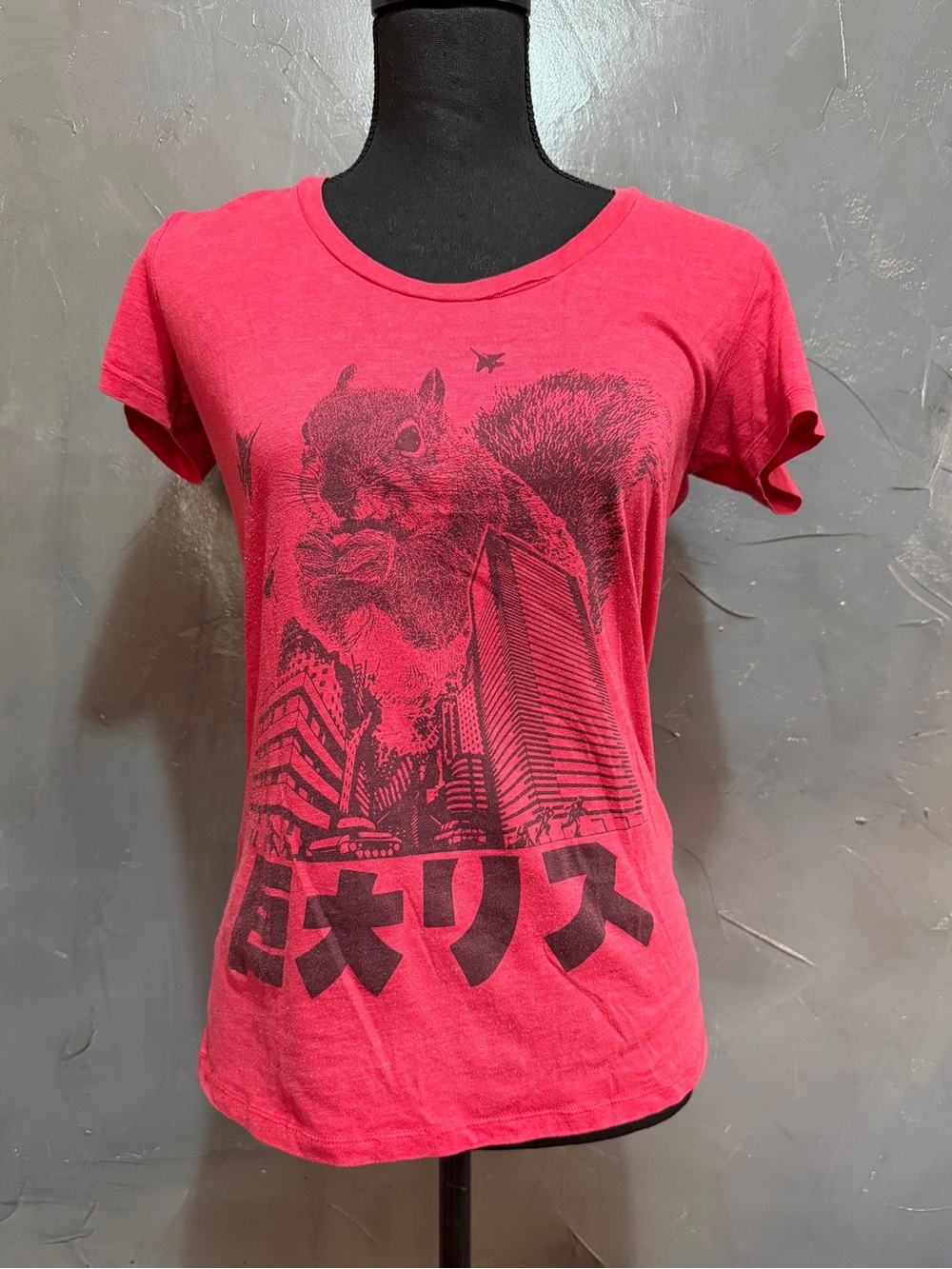 Squirrelzilla women’s screen printed red tee shirt giant squirrel in Japanese